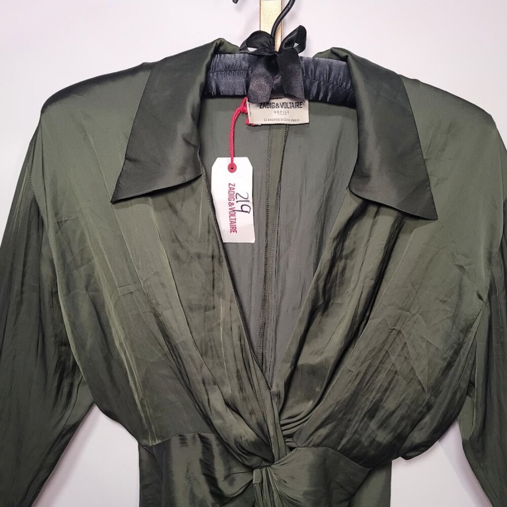 NWT Zadig & Voltaire Gathered Long Sleeve Satin Dress - Khaki L - Picture 4 of 13